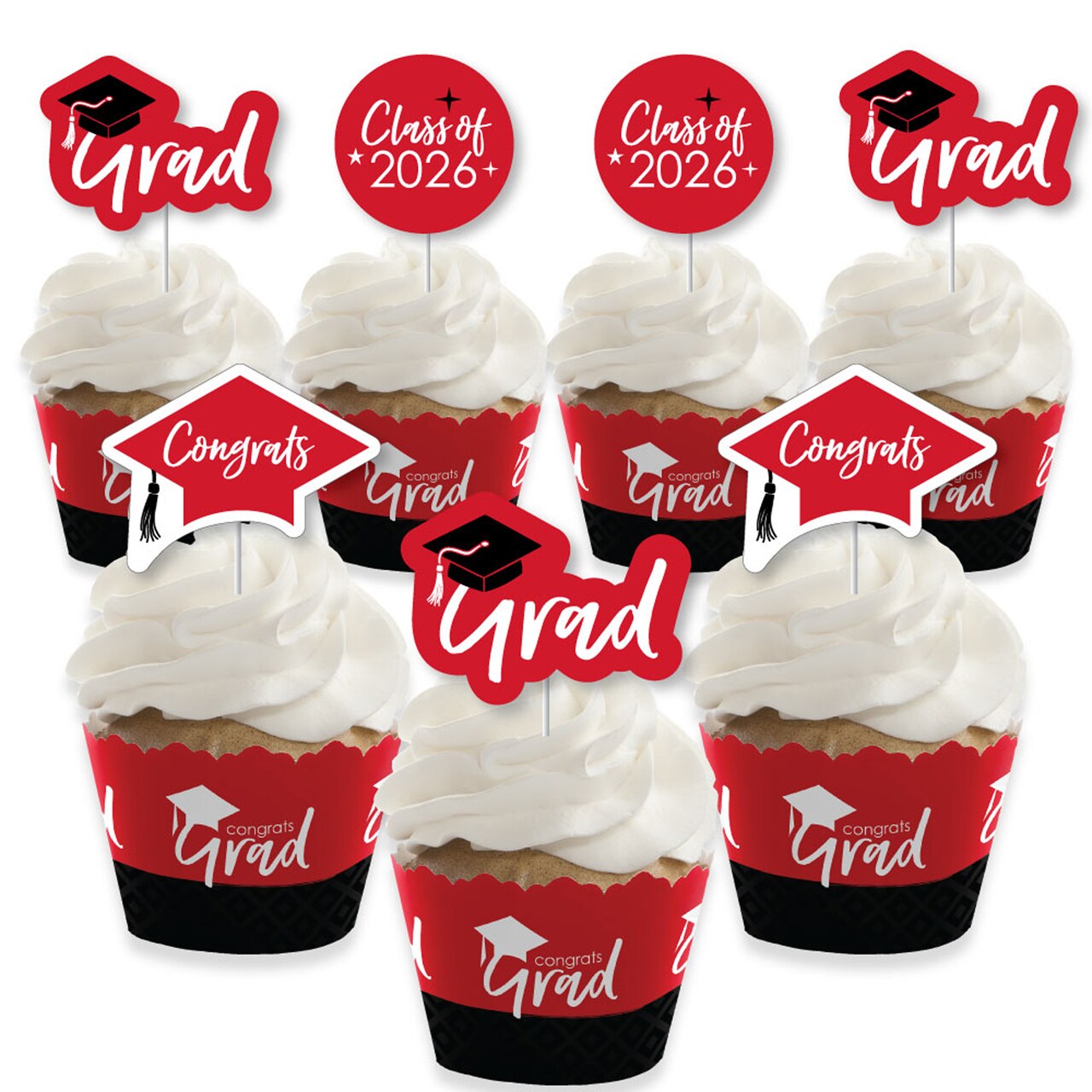 Big Dot of Happiness 2026 Red Graduation Cupcake Decoration - Party Cupcake Wrappers and Treat Picks Kit - Set of 24